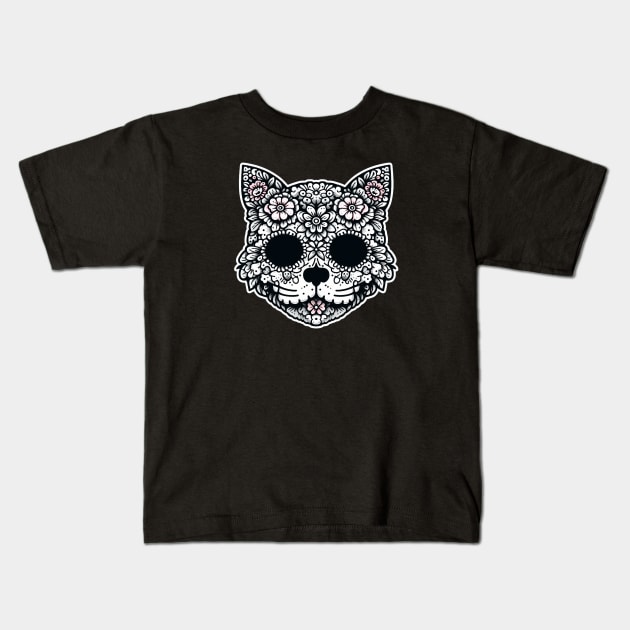 Monochromatic Floral Cat Kids T-Shirt by Lovely Animals